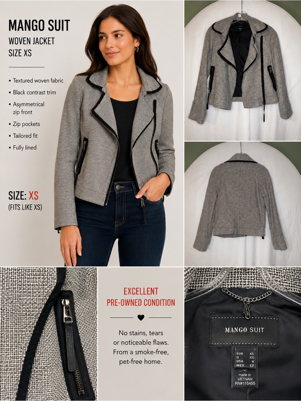 Mango Gray Woven Textured Moto Blazer with Black Trim